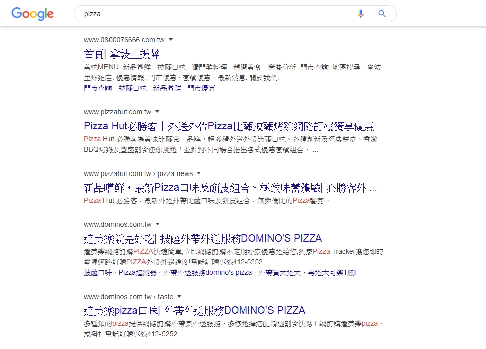 Pizza关键字搜寻结果